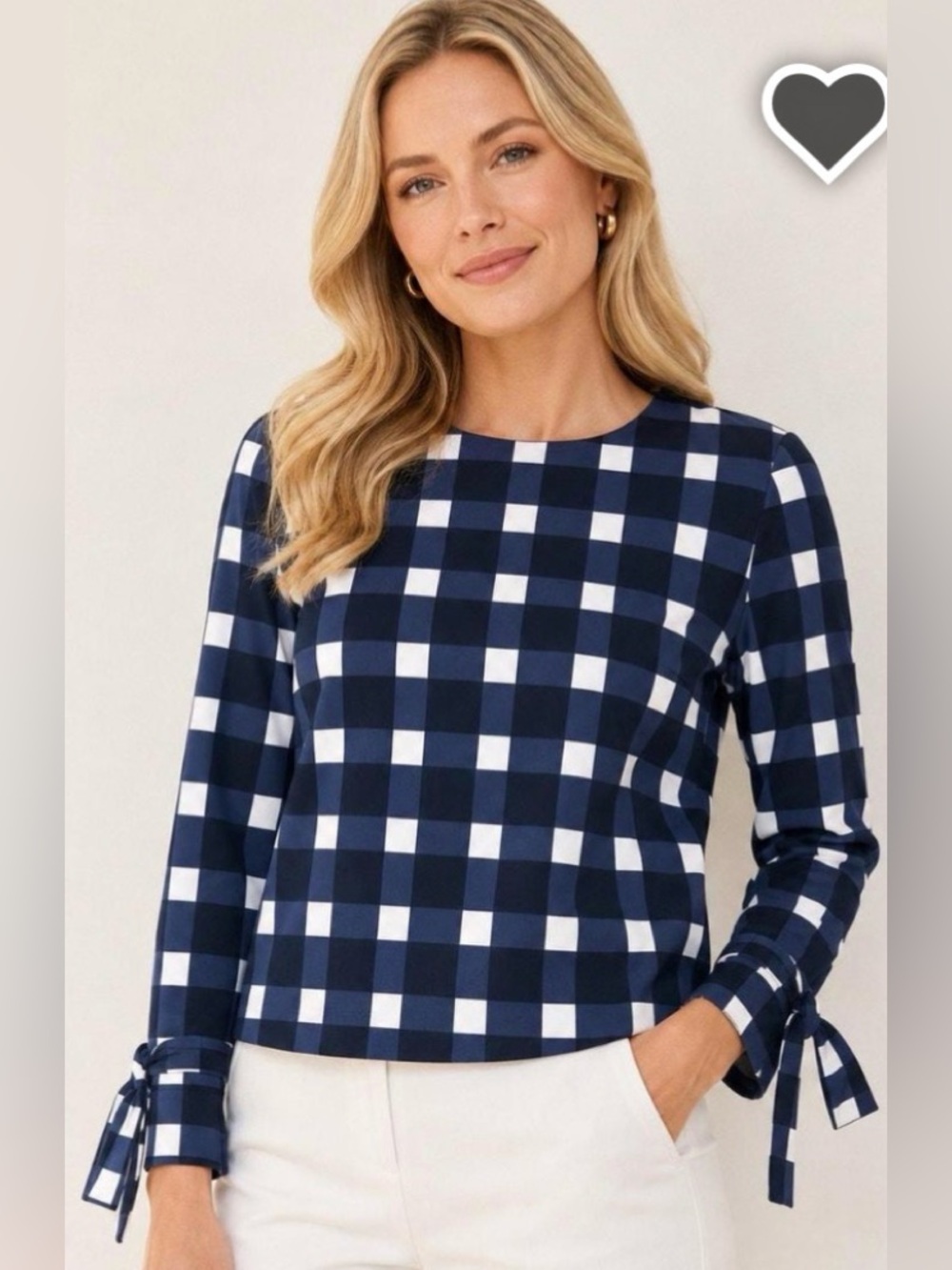 Banana Republic Navy and White Gingham Long-Sleeve Top-S